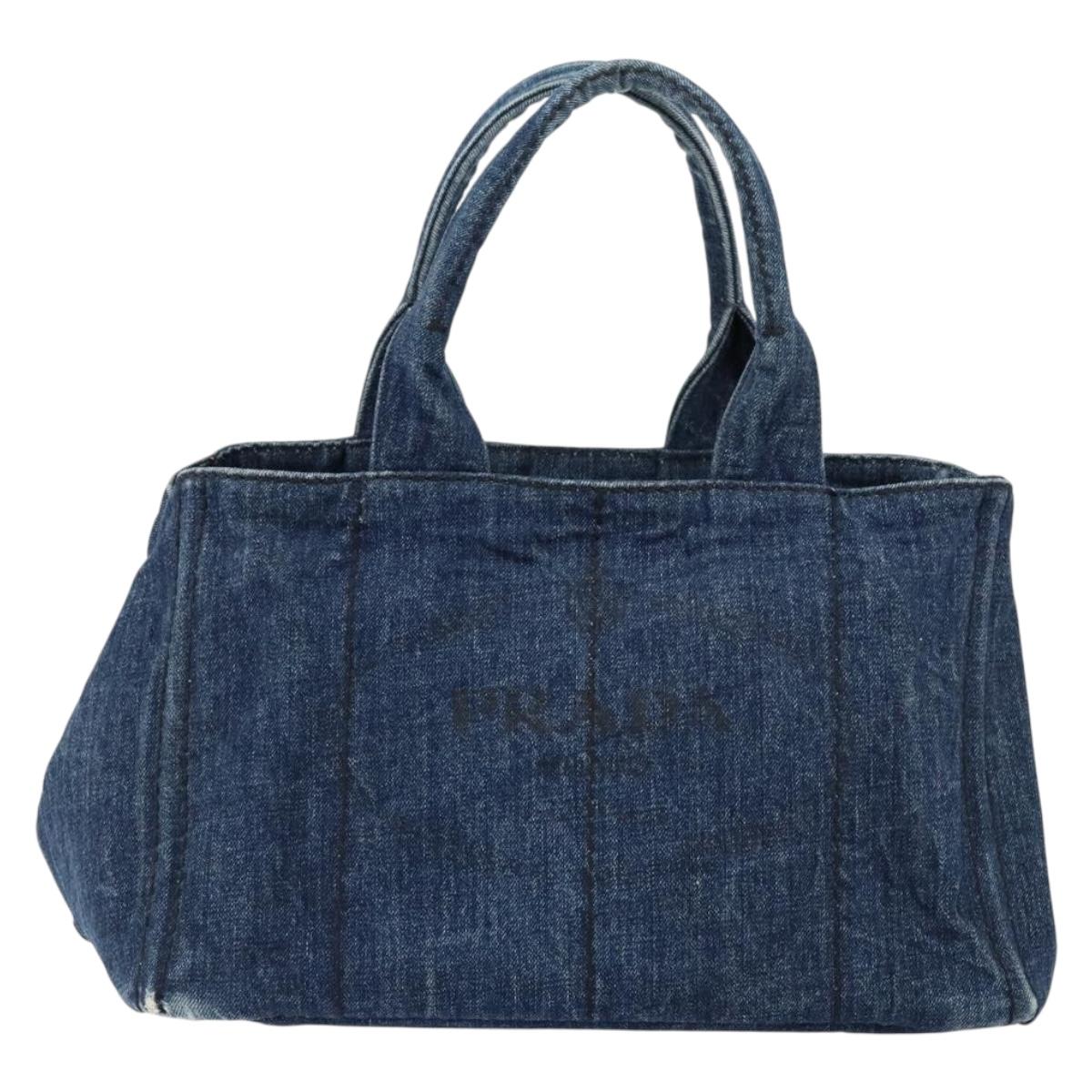 PRADA Canapa MM Hand Bag Denim Blue Gold Auth BA7761