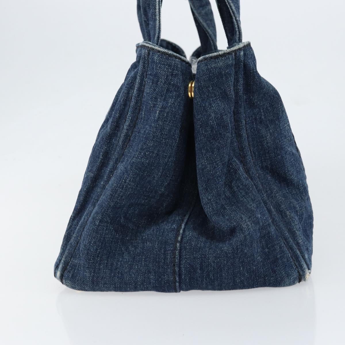 PRADA Canapa MM Hand Bag Denim Blue Gold Auth BA7761
