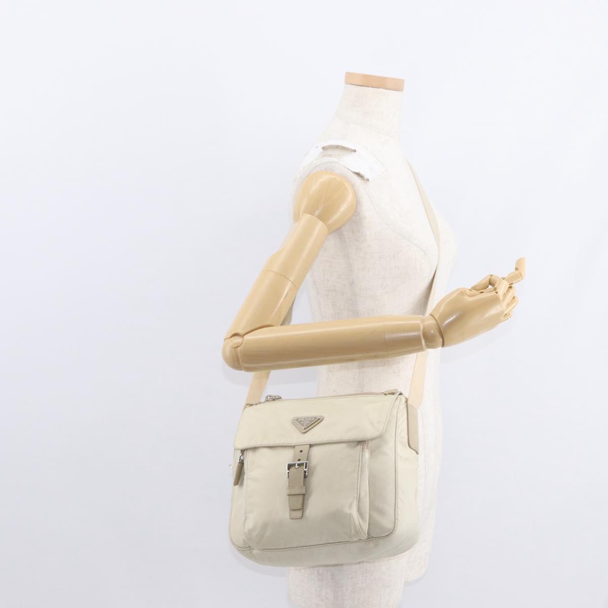 PRADA Shoulder Bag Nylon Beige Silver Auth BA7762