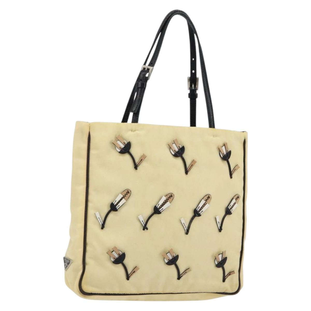 PRADA Hand Bag Nylon Leather Beige Silver Auth BA7765