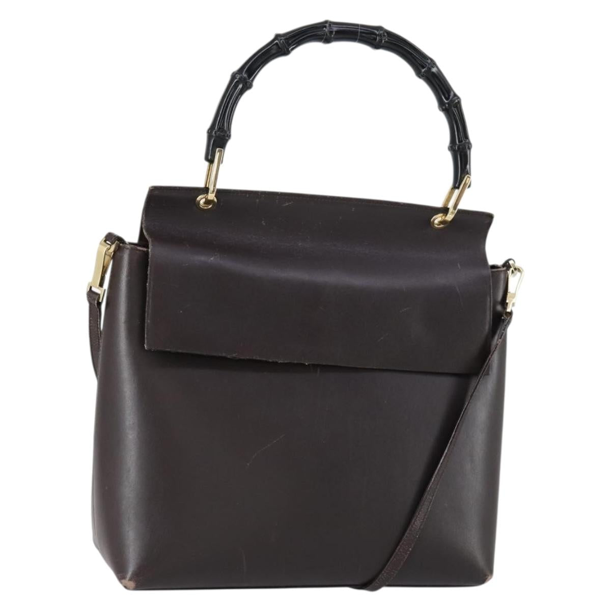 GUCCI Bamboo Hand Bag Leather 2way Brown Gold 001 1886 Auth BA7787