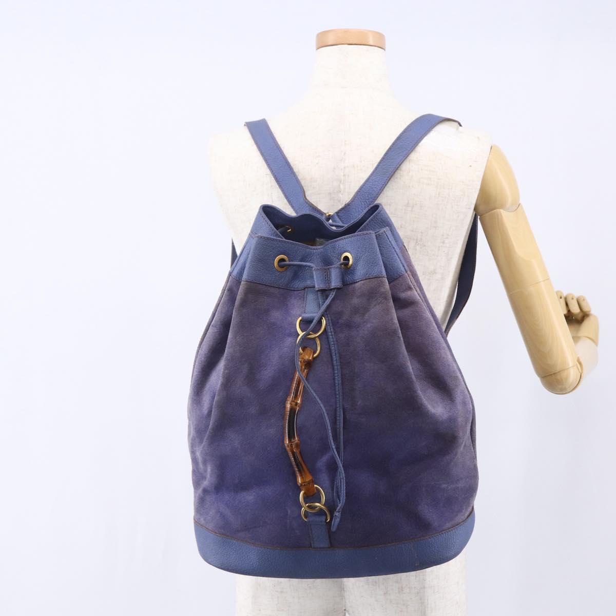 GUCCI Bamboo Backpack Suede Leather Blue Gold 003 2855 0043 0 Auth BA7788