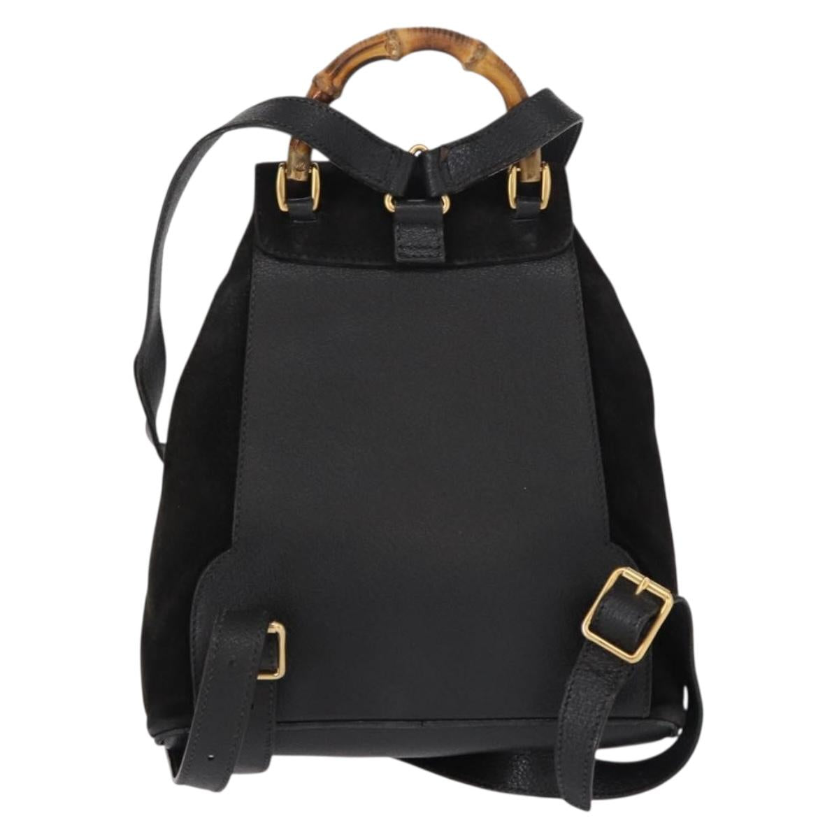 GUCCI Bamboo Backpack Suede Leather Black Gold 003 1705 0030 Auth BA7789