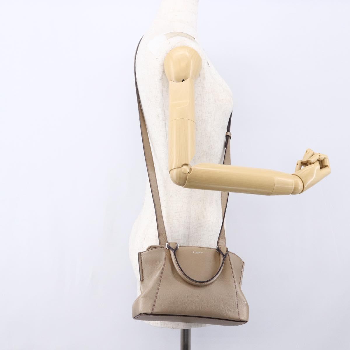 CARTIER Mini C De Cartier Hand Bag Leather 2way Beige Silver Auth BA7820
