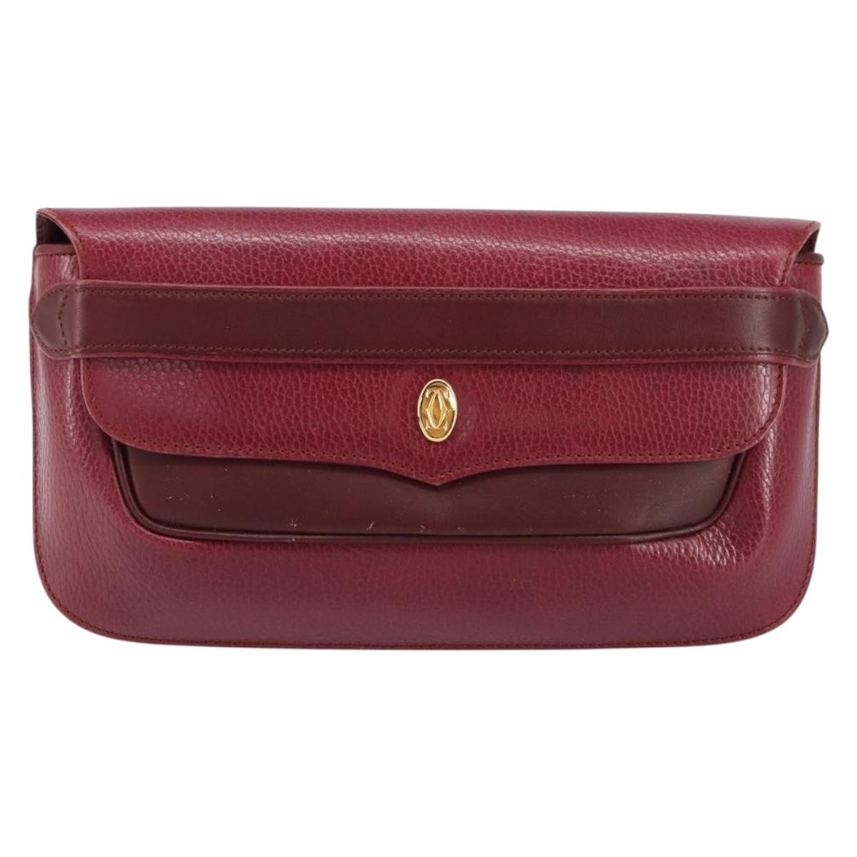 CARTIER Must Line Clutch Bag Leather Bordeaux Gold Auth BA7821