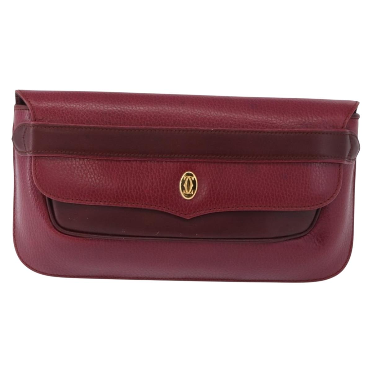 CARTIER Must Line Clutch Bag Leather Bordeaux Gold Auth BA7821