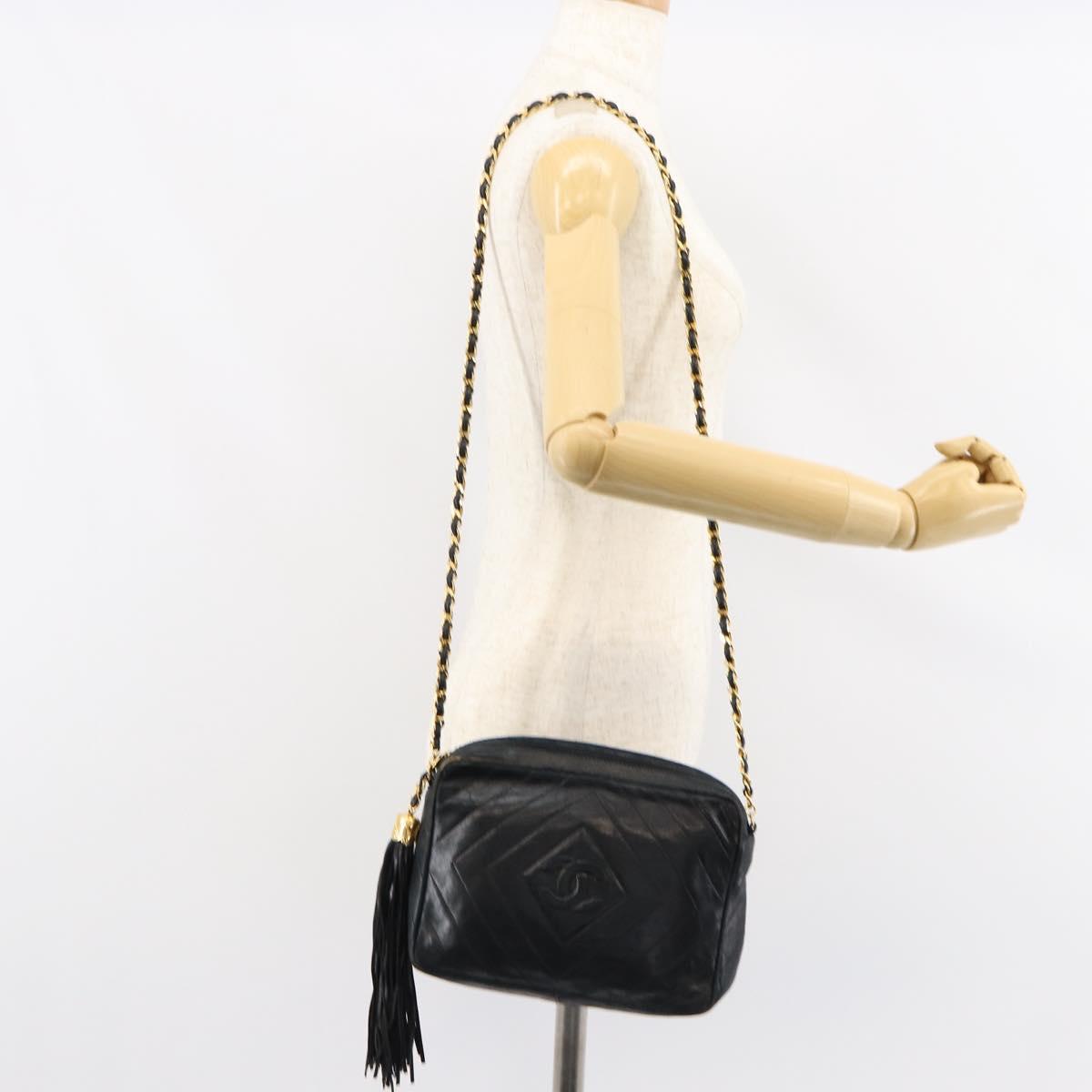 CHANEL Chain Shoulder Bag Lamb Skin Black Gold CC Auth BA7827
