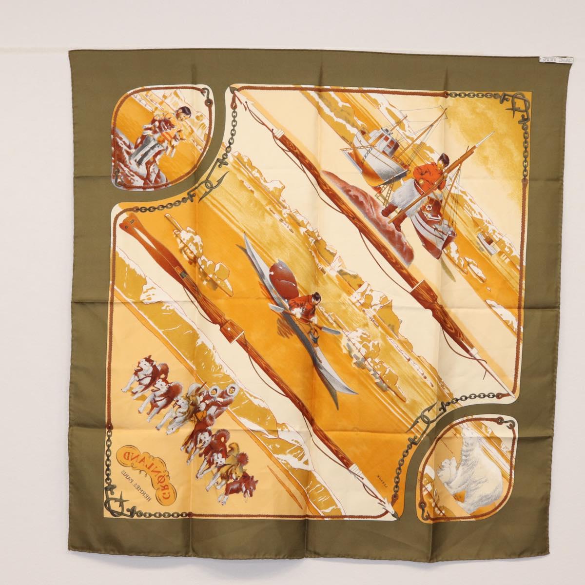 HERMES Carre 90 Scarf Silk ""GRONLAND"" Khaki Auth BA7838
