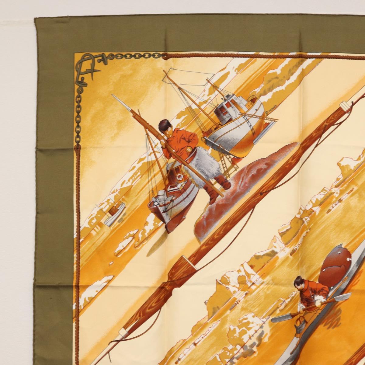 HERMES Carre 90 Scarf Silk ""GRONLAND"" Khaki Auth BA7838