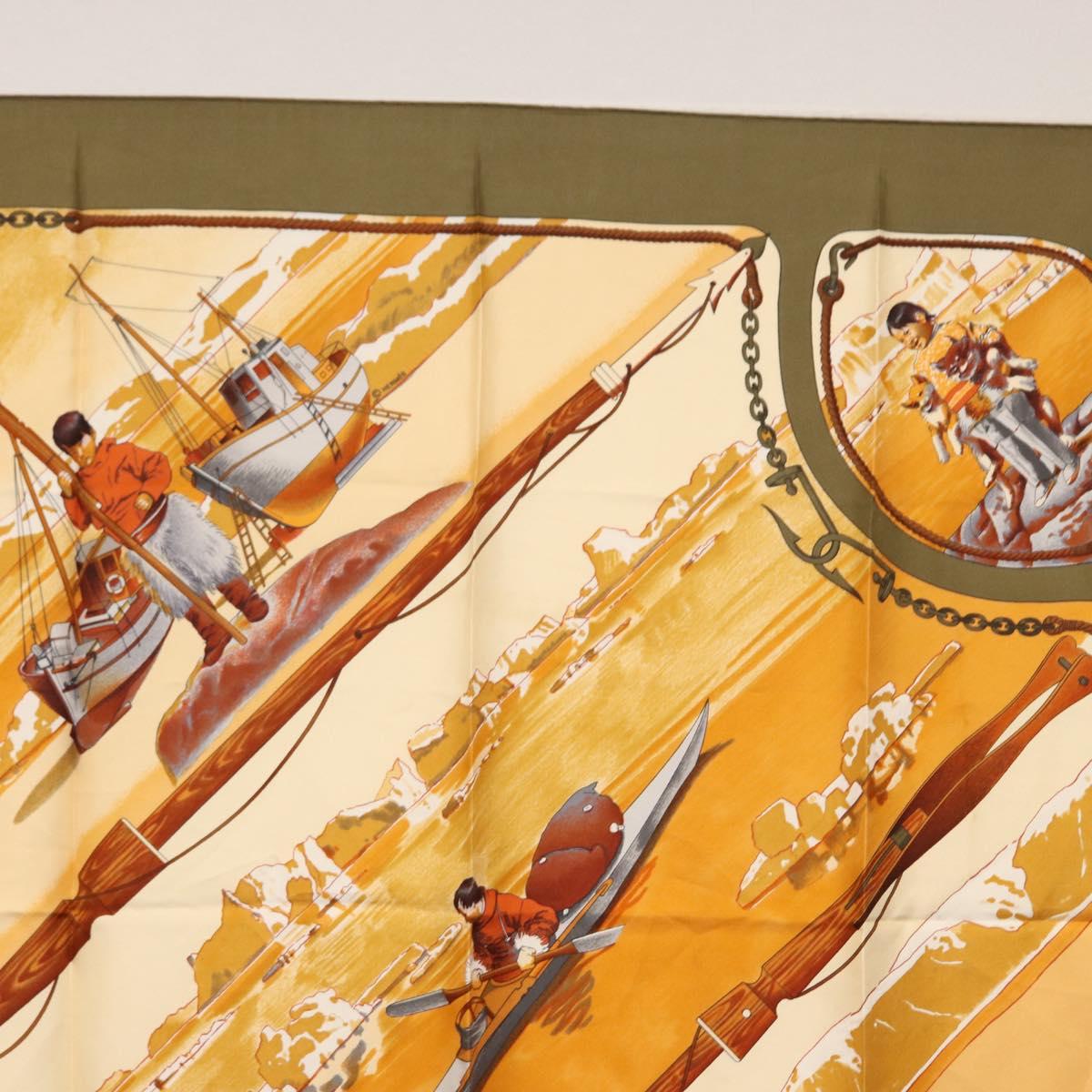 HERMES Carre 90 Scarf Silk ""GRONLAND"" Khaki Auth BA7838