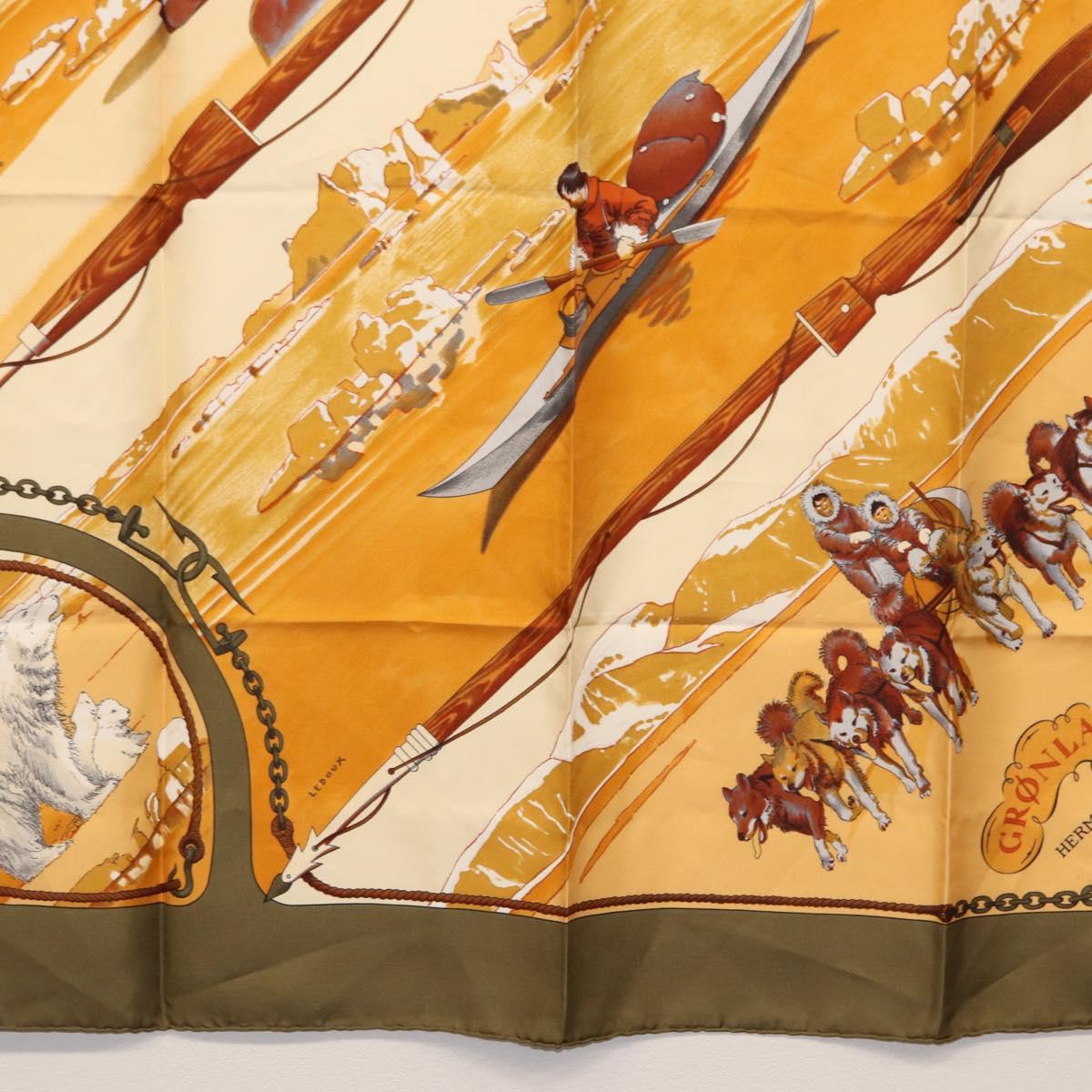 HERMES Carre 90 Scarf Silk ""GRONLAND"" Khaki Auth BA7838