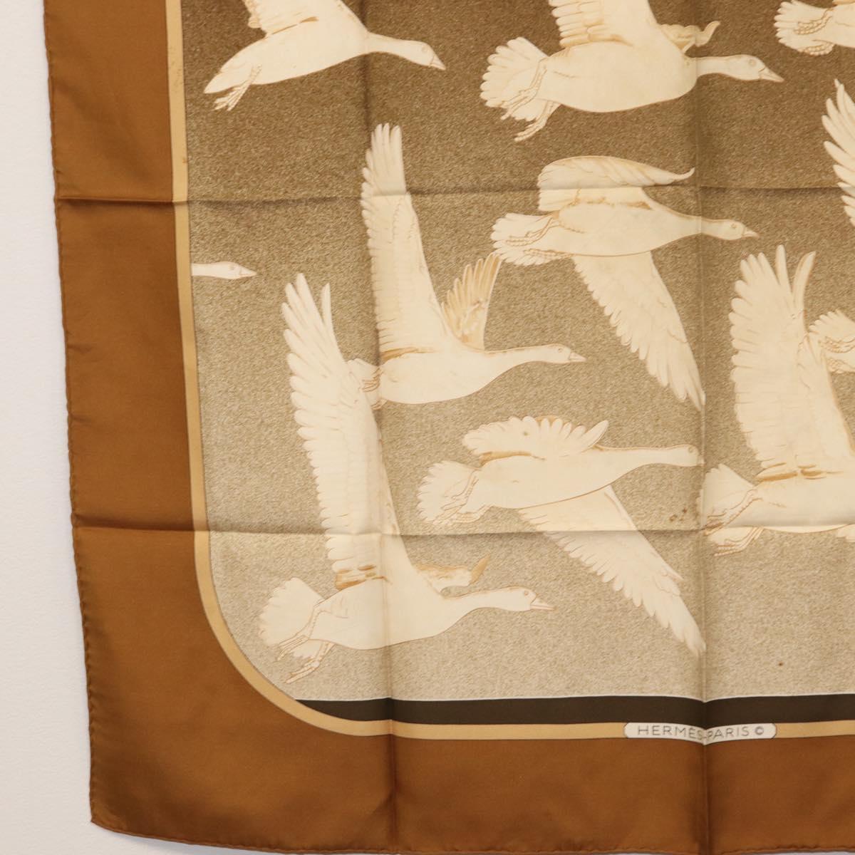 HERMES Carre 90 Scarf Silk ""OISEAUX MIGRATEURS"" Brown Auth BA7840
