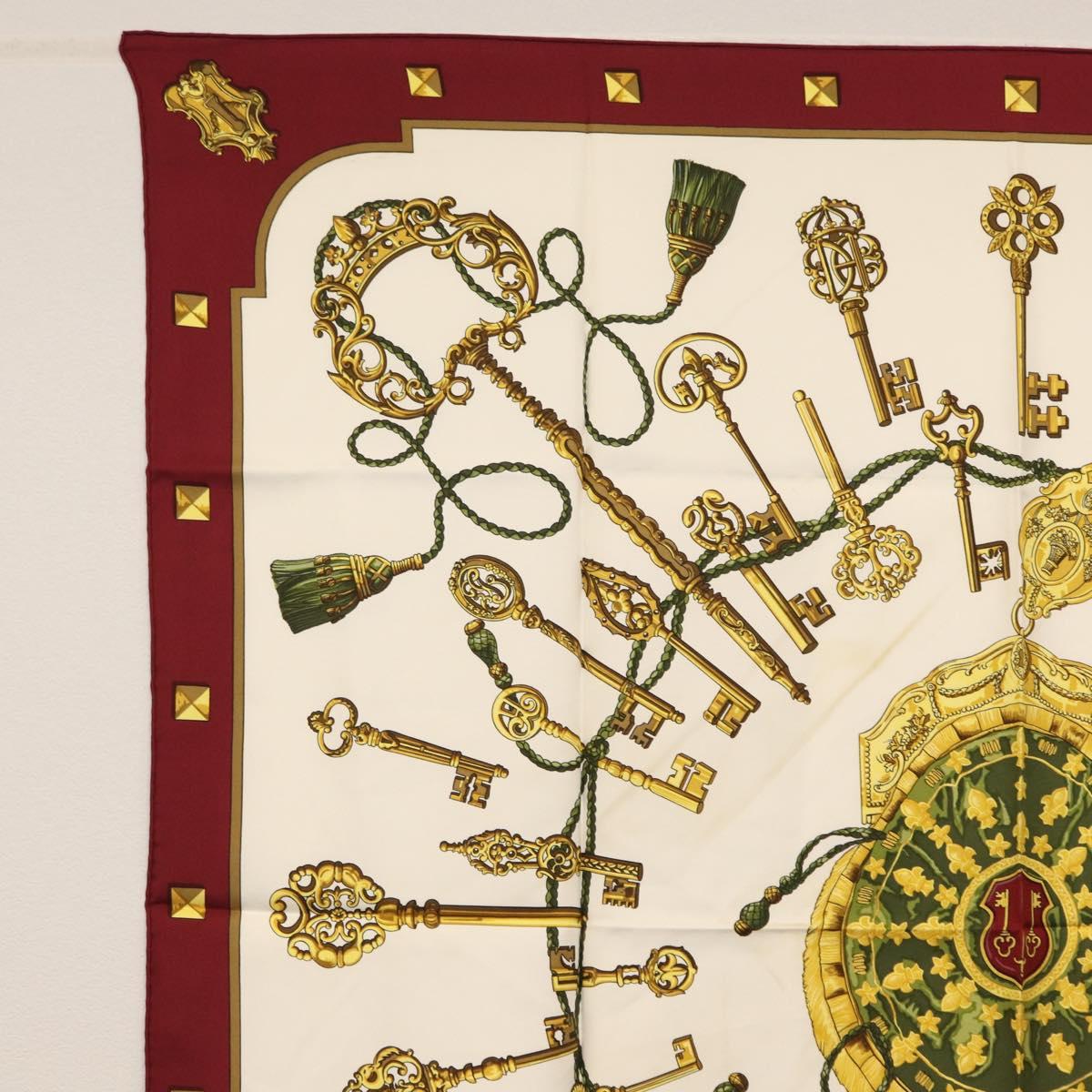 HERMES Carre 90 Scarf Silk ""Les Clés"" Bordeaux Auth BA7841