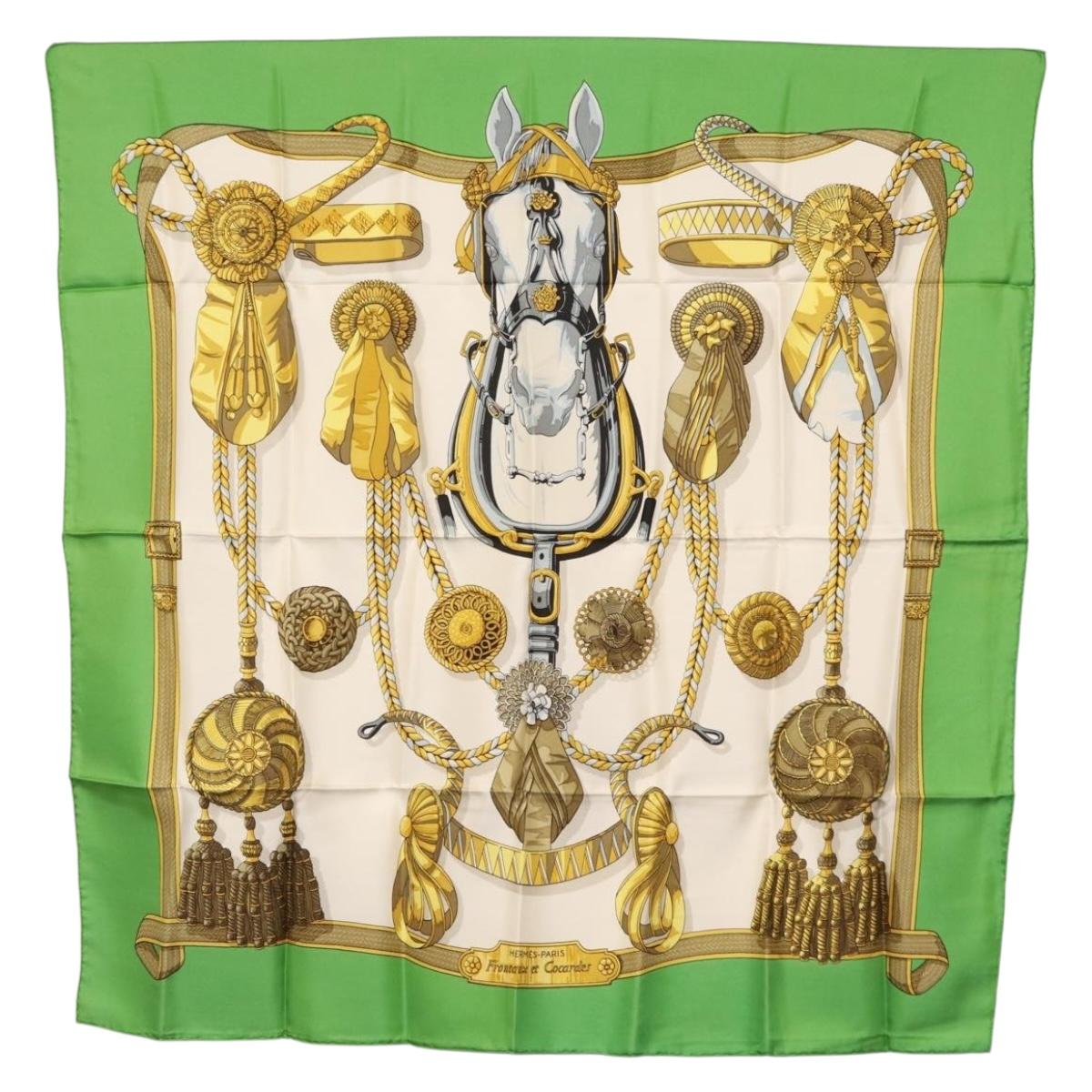 HERMES Carre 90 Scarf Silk ""Frontaux et cocardes"" Green Auth BA7842