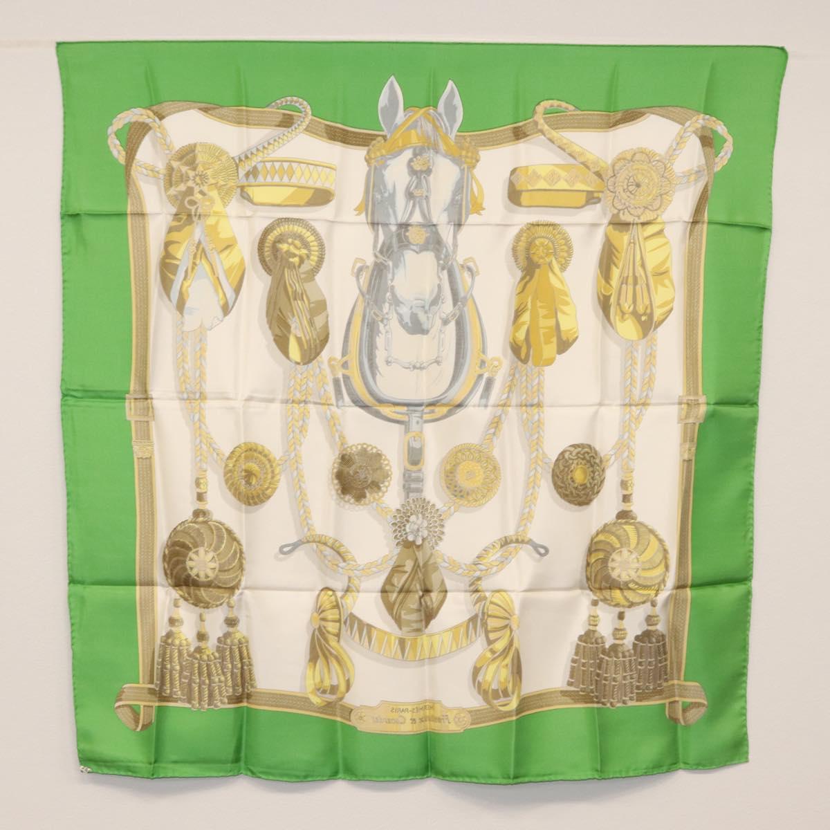 HERMES Carre 90 Scarf Silk ""Frontaux et cocardes"" Green Auth BA7842