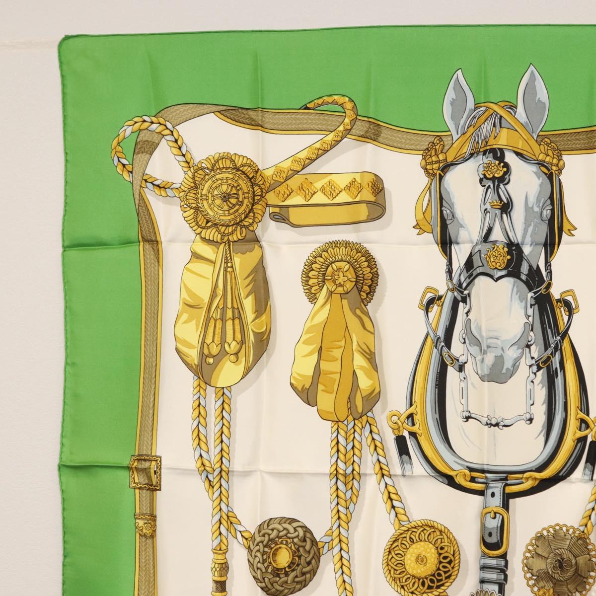 HERMES Carre 90 Scarf Silk ""Frontaux et cocardes"" Green Auth BA7842