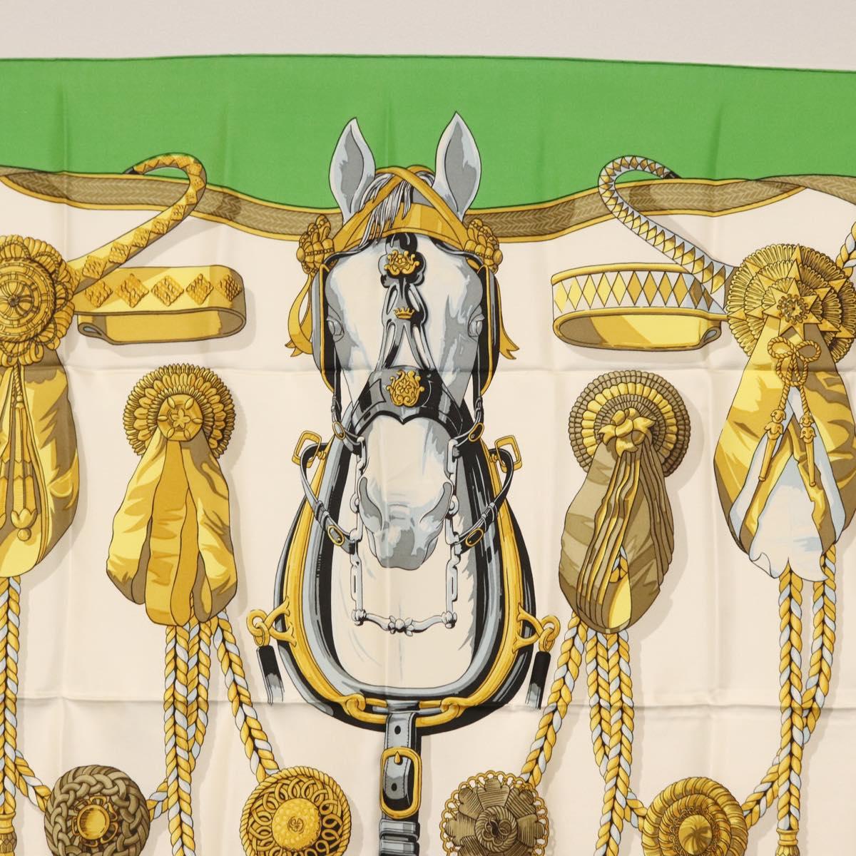 HERMES Carre 90 Scarf Silk ""Frontaux et cocardes"" Green Auth BA7842