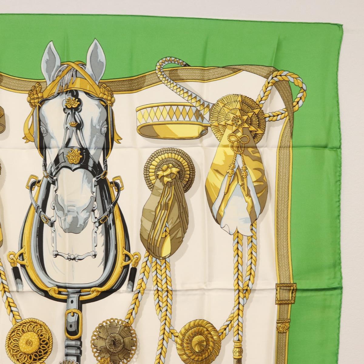 HERMES Carre 90 Scarf Silk ""Frontaux et cocardes"" Green Auth BA7842