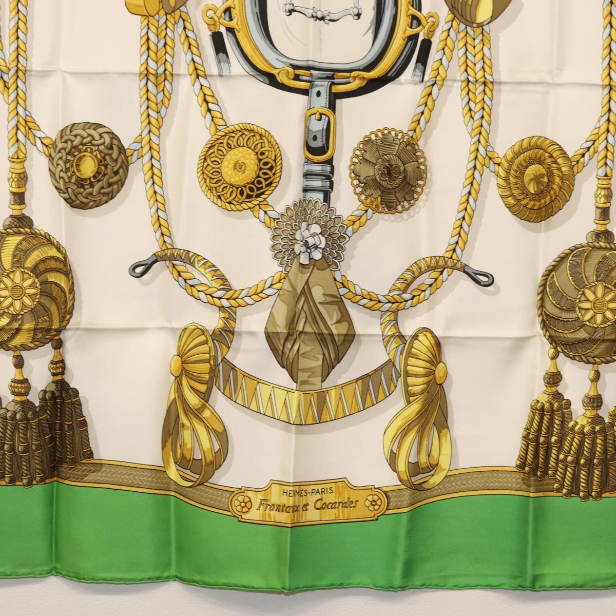 HERMES Carre 90 Scarf Silk ""Frontaux et cocardes"" Green Auth BA7842