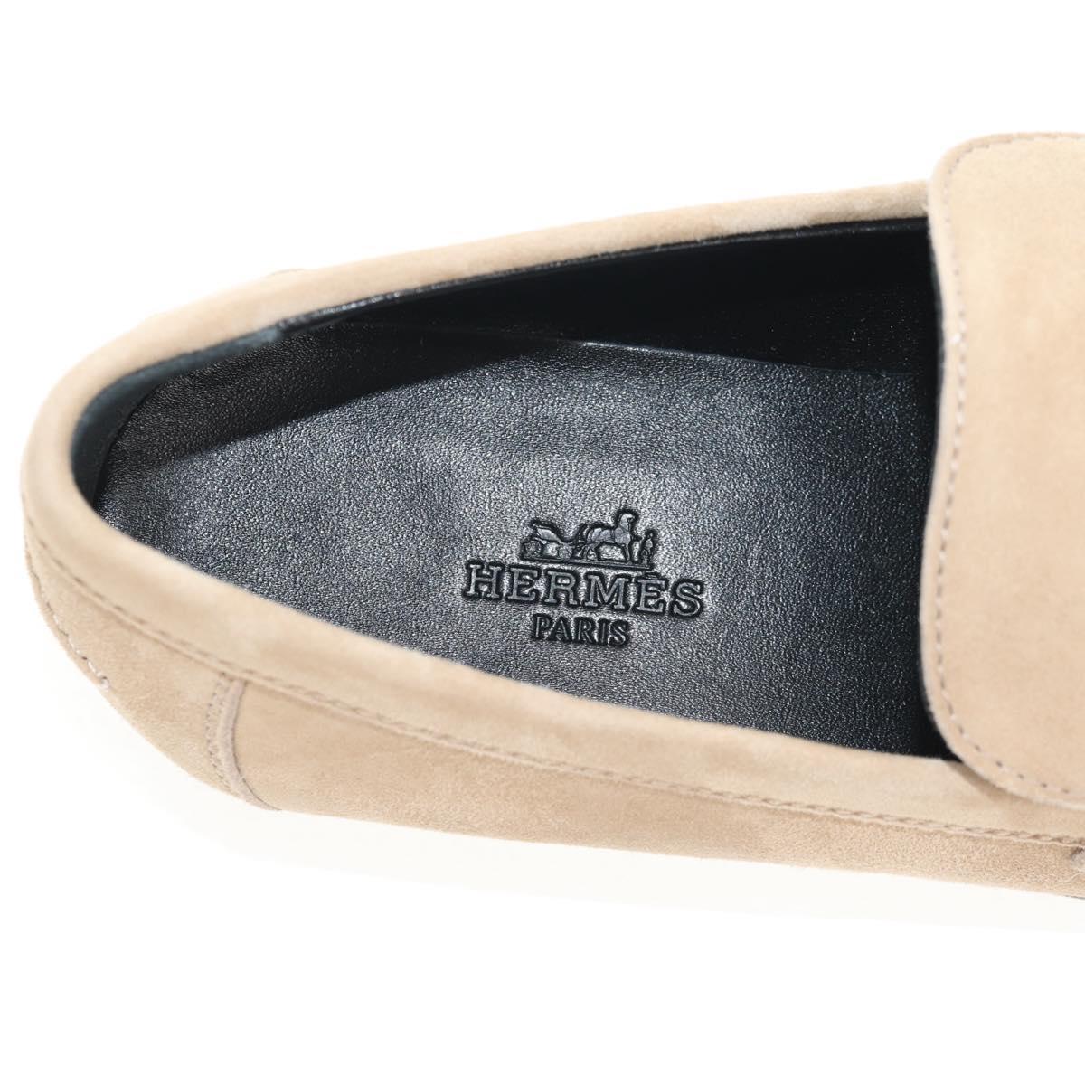 HERMES Destan Kelly Buckle Loafers Shoes Suede Beige Auth BA7958M