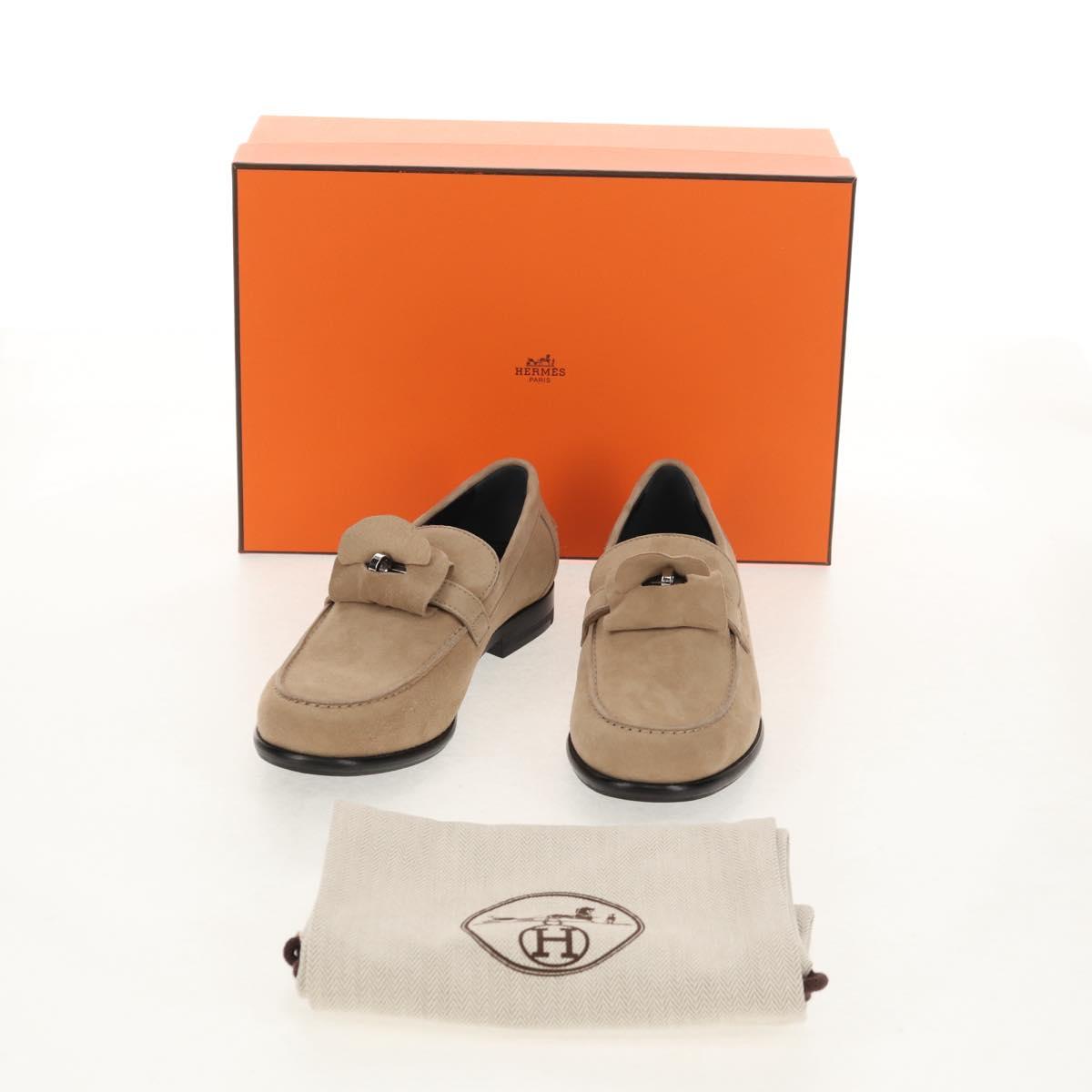 HERMES Destan Kelly Buckle Loafers Shoes Suede Beige Auth BA7958M