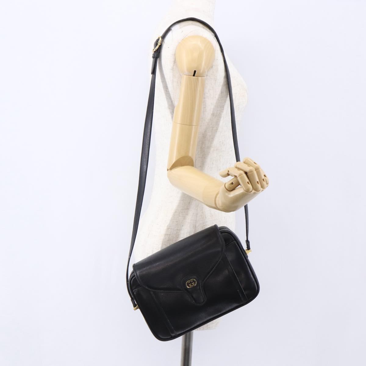 GUCCI Shoulder Bag Leather Black Gold Auth BA7977