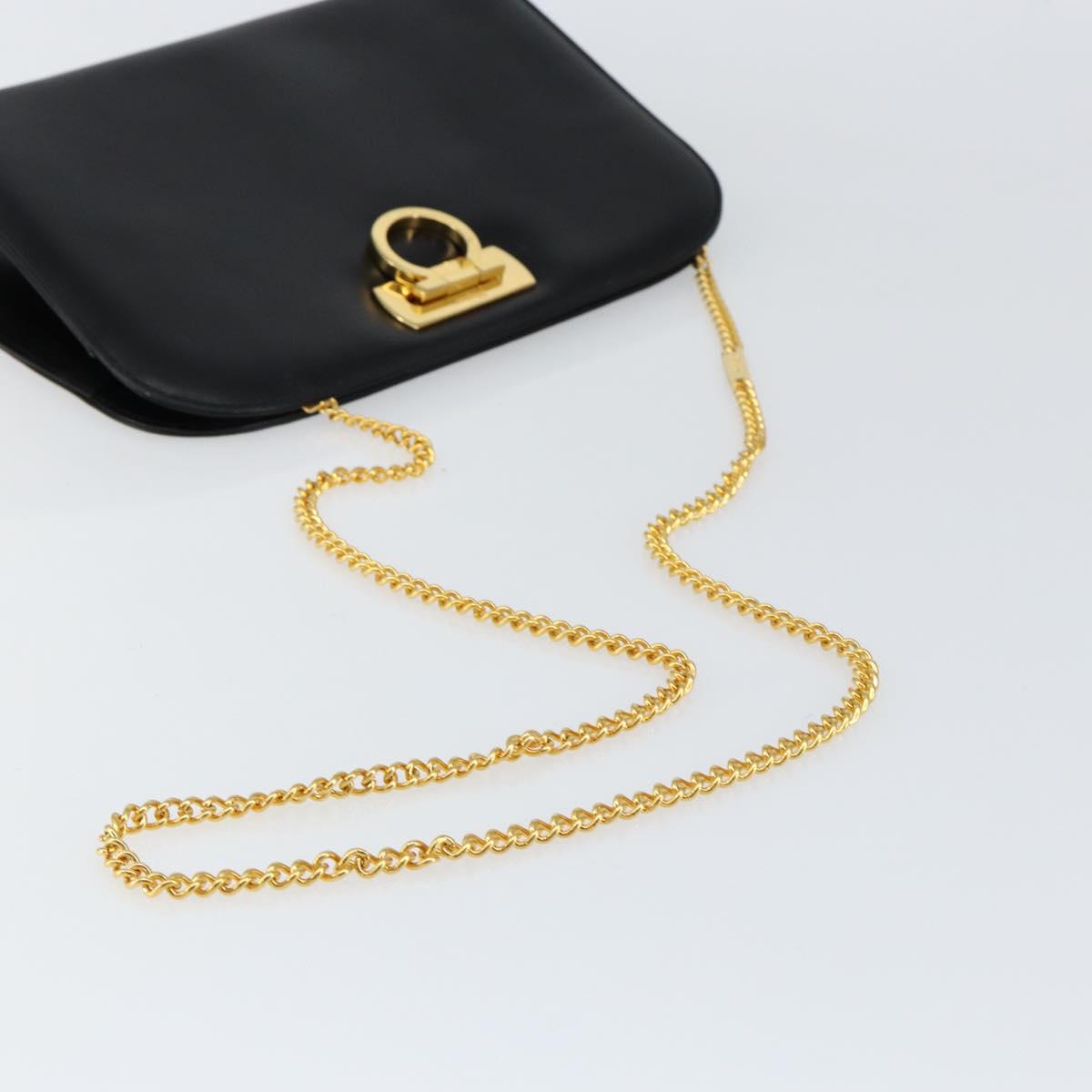 Salvatore Ferragamo Gancini Chain Shoulder Bag Leather Black Gold Auth BA7978