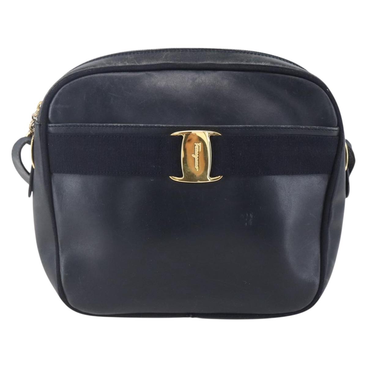 Salvatore Ferragamo Vala Shoulder Bag Leather Navy Gold Auth BA7981