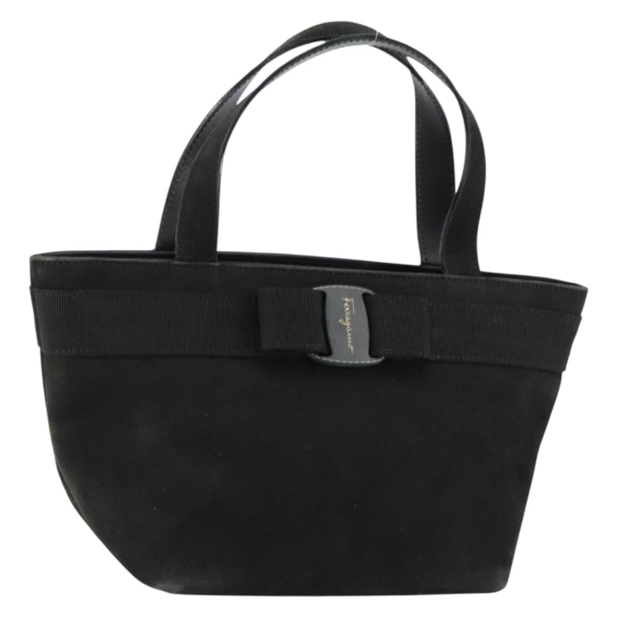 Salvatore Ferragamo Vala Hand Bag Suede Black Gold Auth BA7982