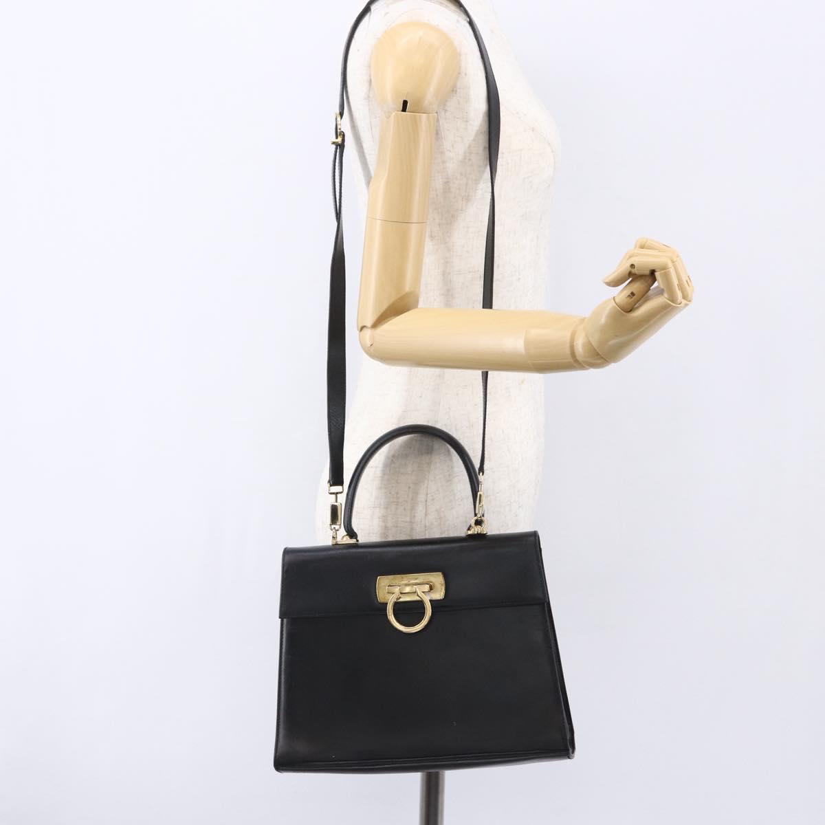 Salvatore Ferragamo Gancini Hand Bag Leather 2way Black Gold Auth BA7984