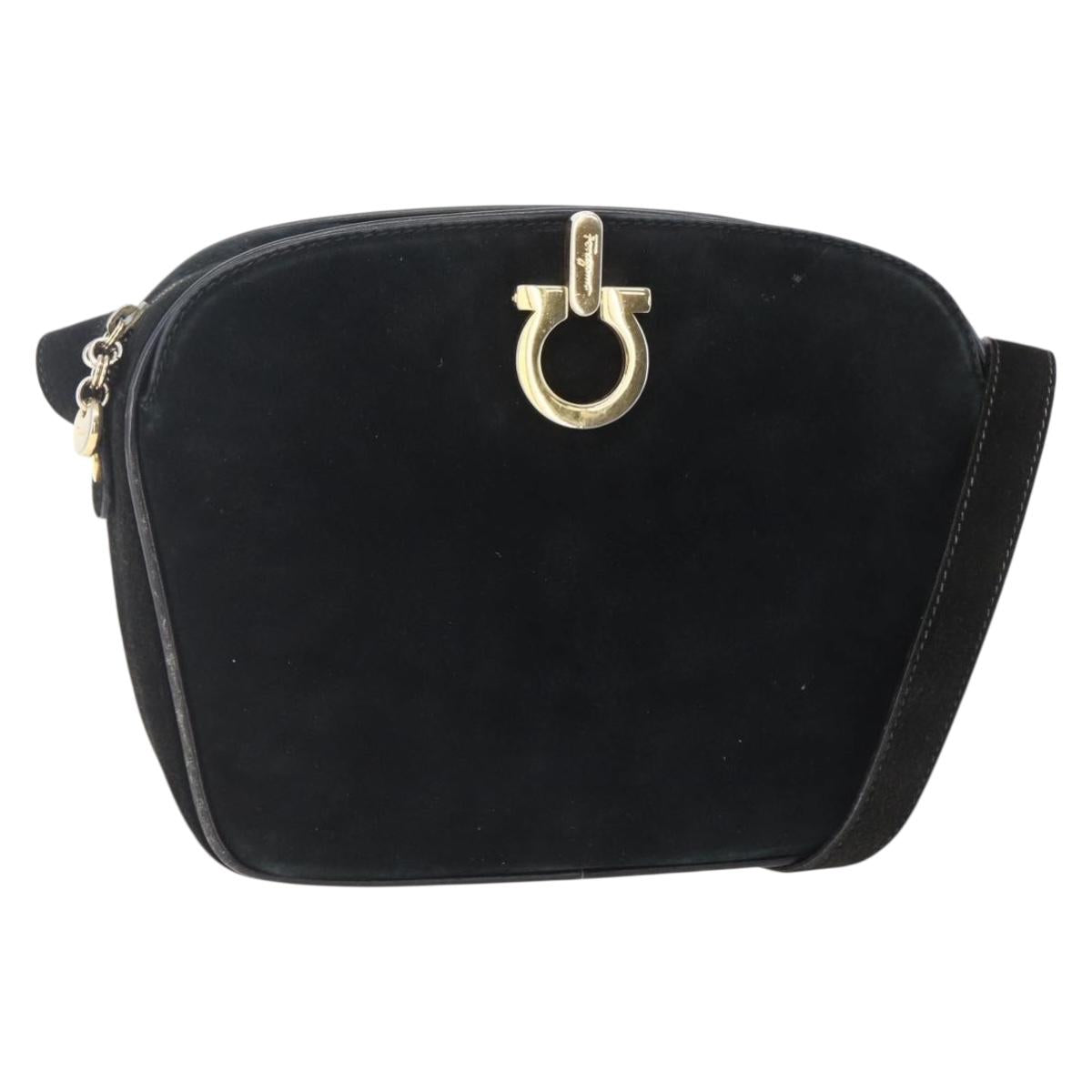 Salvatore Ferragamo Gancini Shoulder Bag Suede Black Gold Auth BA7988