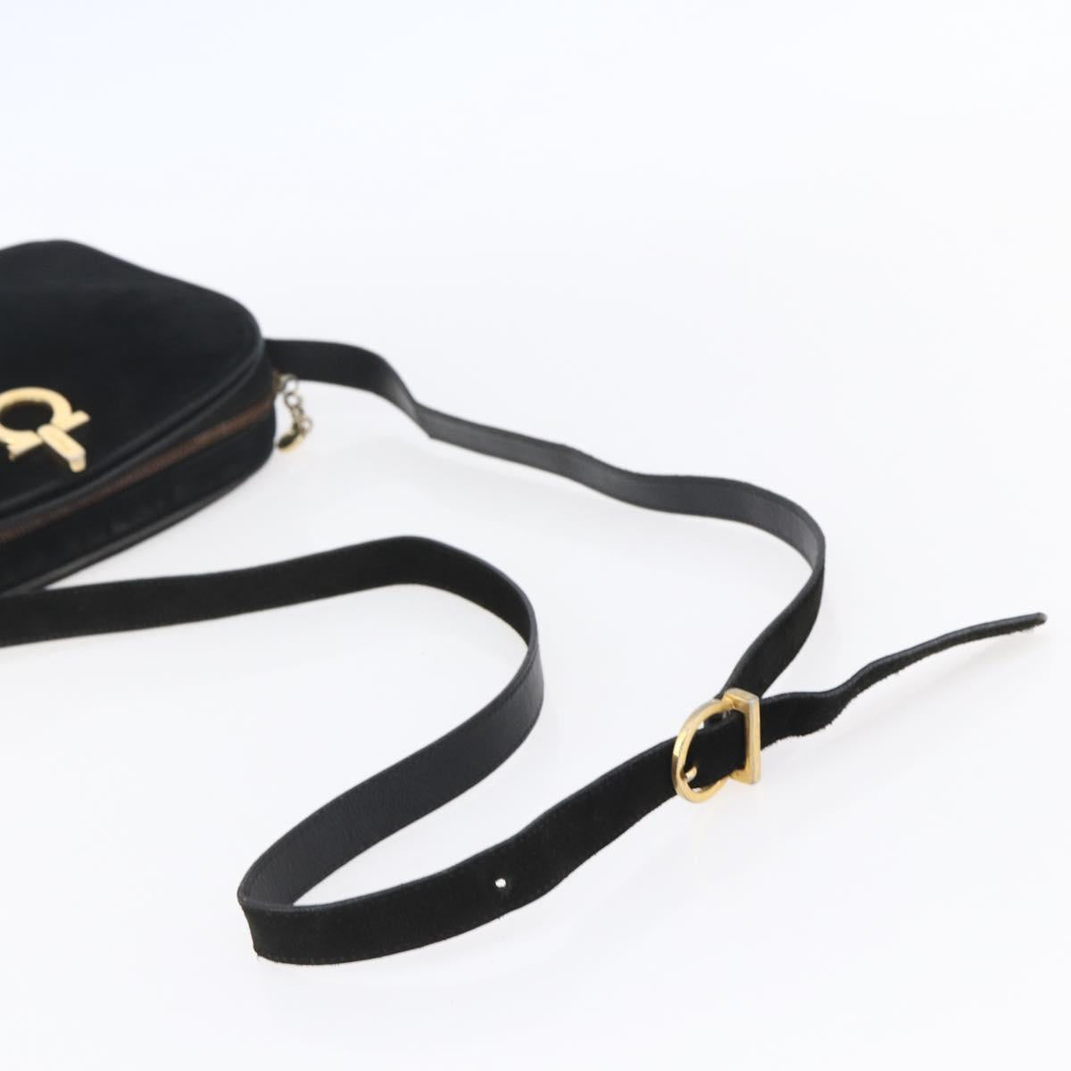 Salvatore Ferragamo Gancini Shoulder Bag Suede Black Gold Auth BA7988