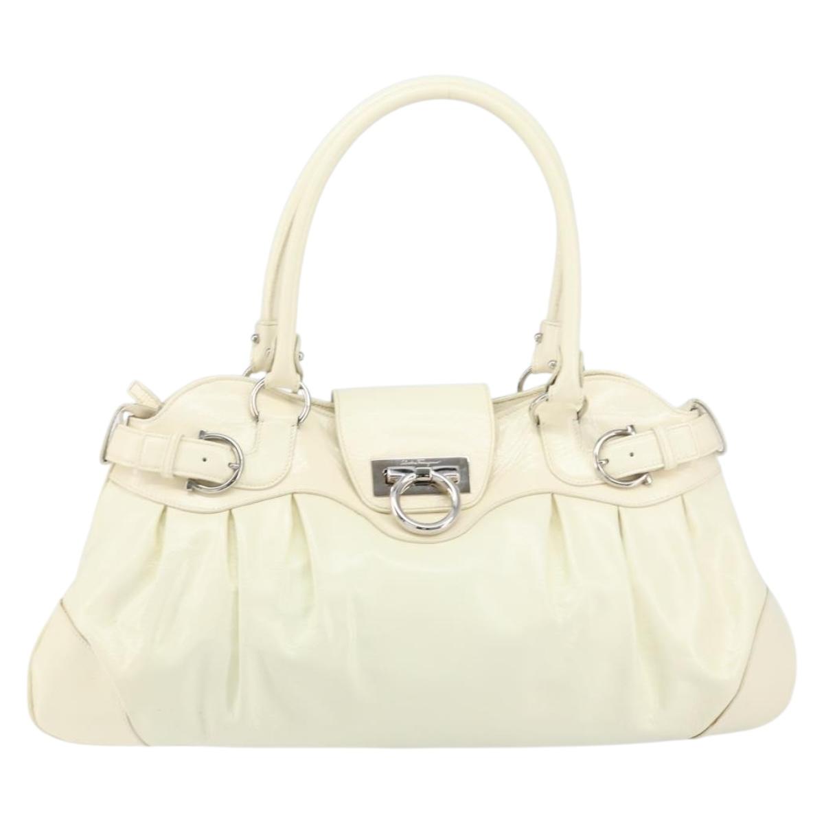 Salvatore Ferragamo Gancini Tote Bag Leather Silver White Auth BA7989