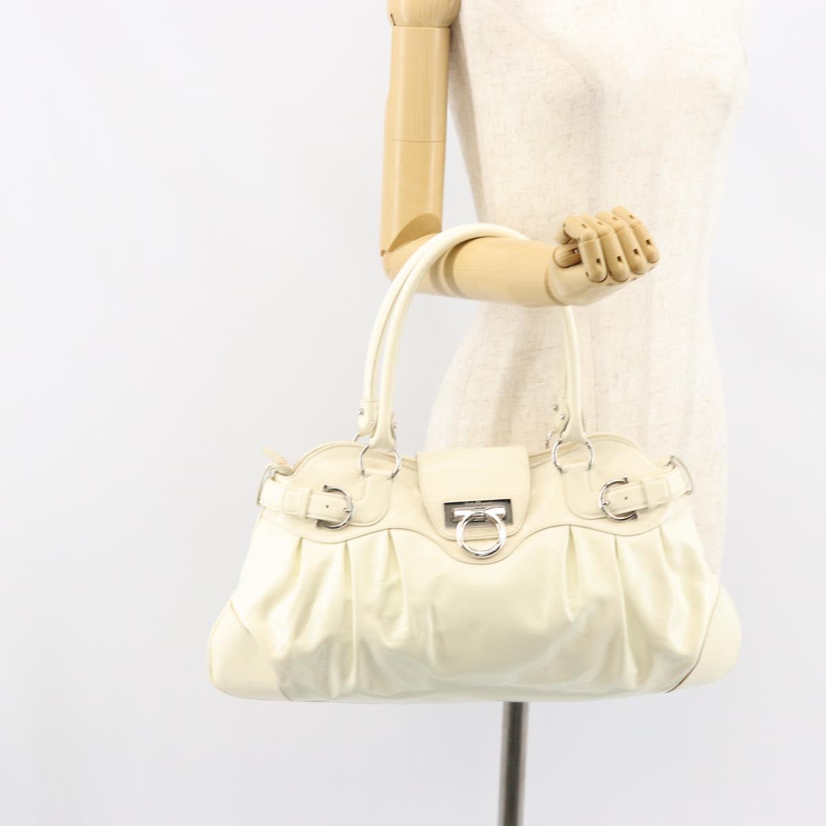 Salvatore Ferragamo Gancini Tote Bag Leather Silver White Auth BA7989