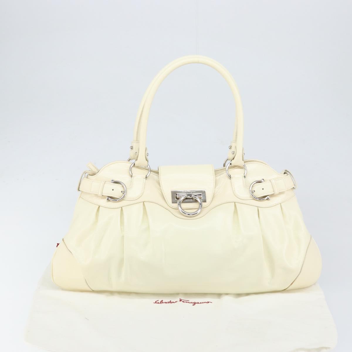 Salvatore Ferragamo Gancini Tote Bag Leather Silver White Auth BA7989