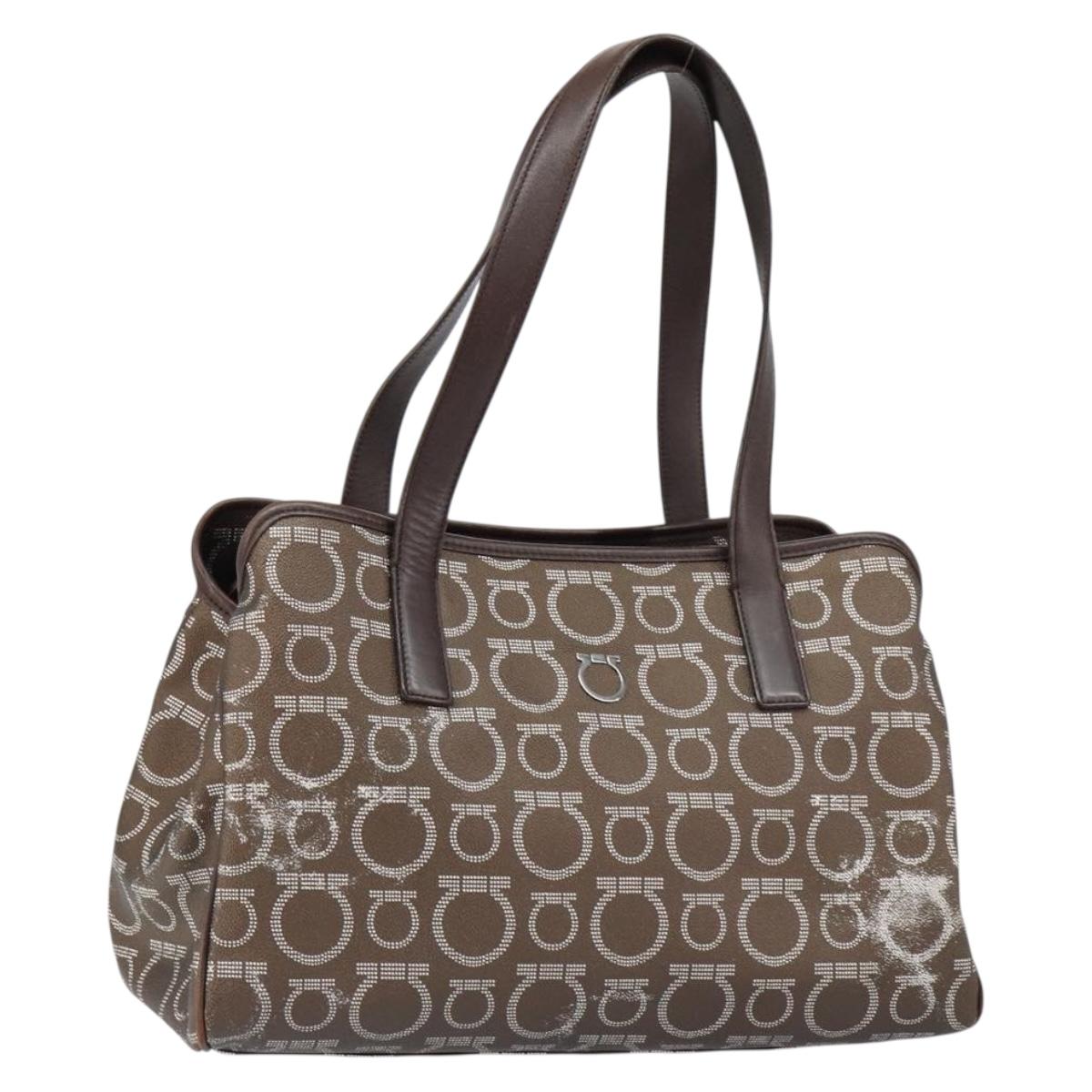 Salvatore Ferragamo Gancini Shoulder Bag Leather Brown Silver Auth BA7992