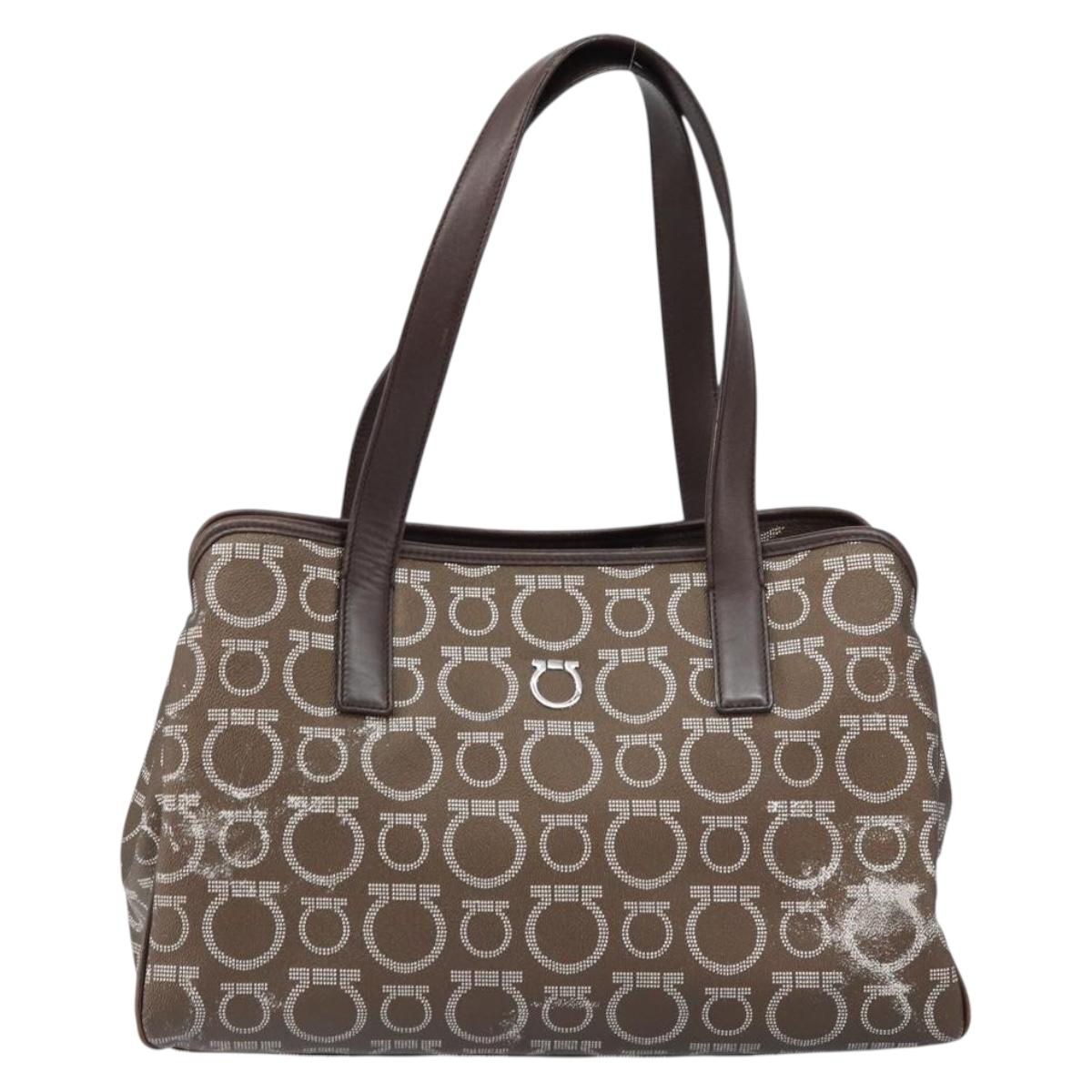 Salvatore Ferragamo Gancini Shoulder Bag Leather Brown Silver Auth BA7992