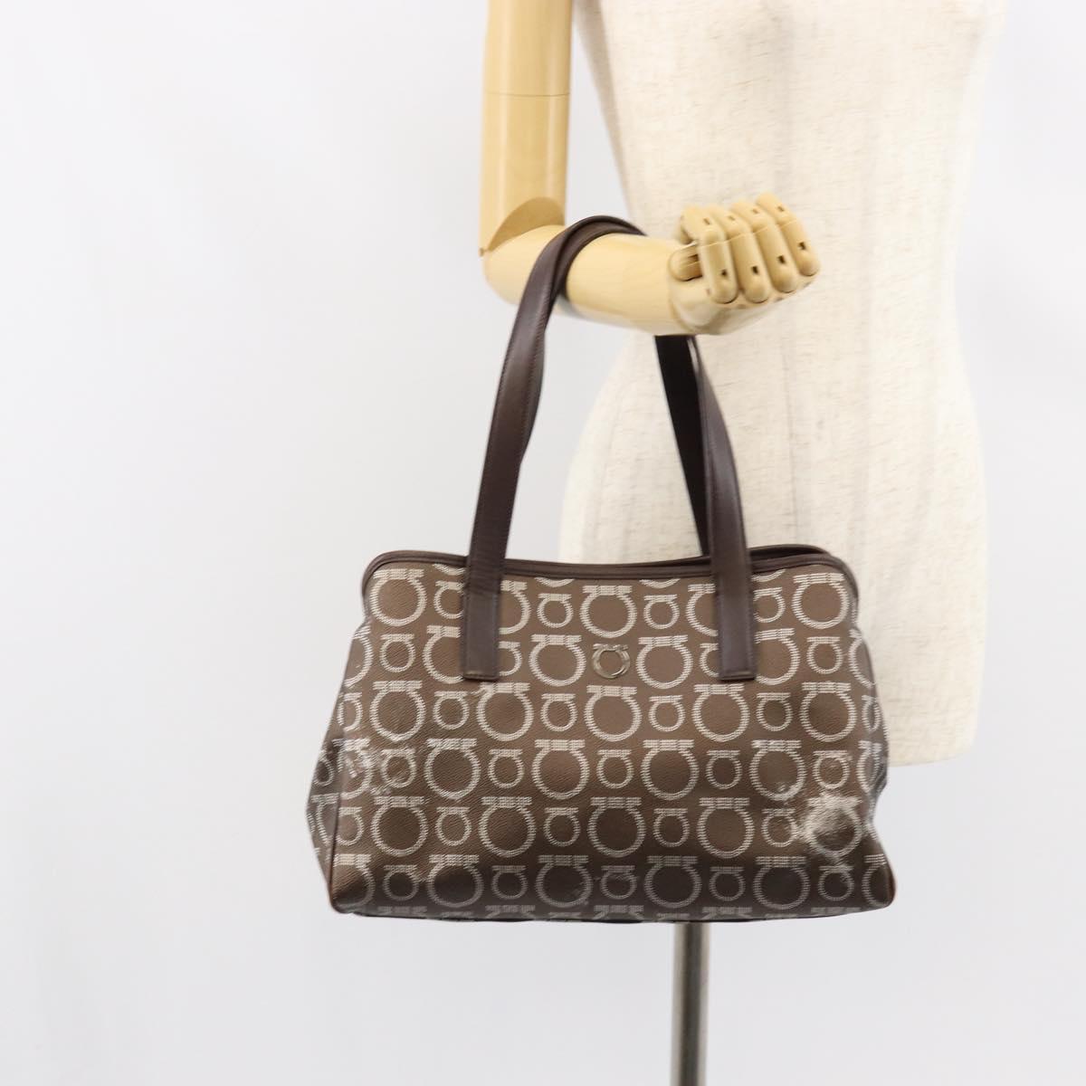 Salvatore Ferragamo Gancini Shoulder Bag Leather Brown Silver Auth BA7992