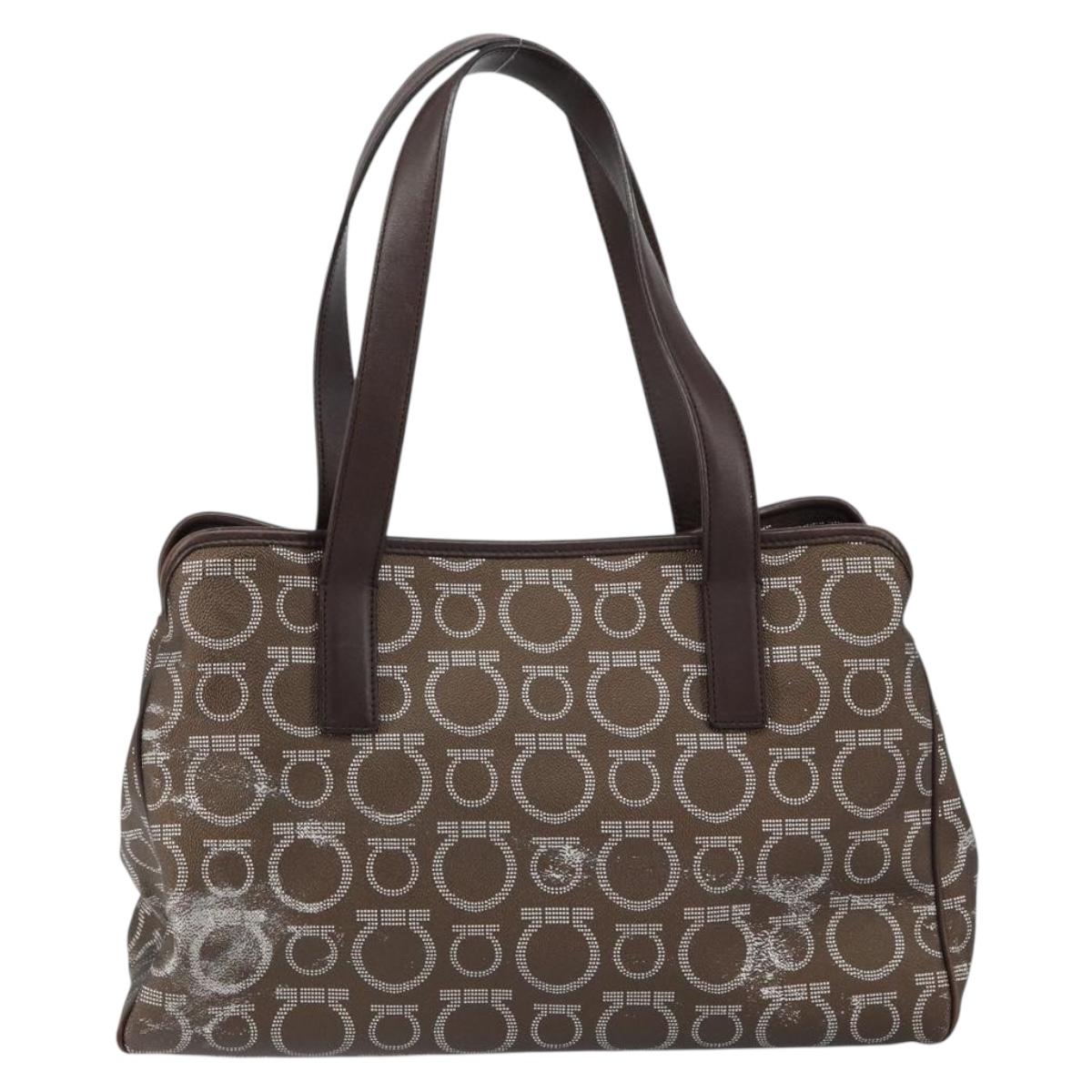 Salvatore Ferragamo Gancini Shoulder Bag Leather Brown Silver Auth BA7992