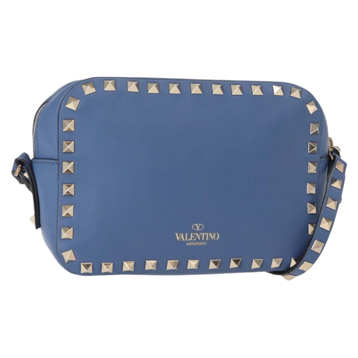 VALENTINO Studs Chain Shoulder Bag Leather Blue Gold Auth BA8011