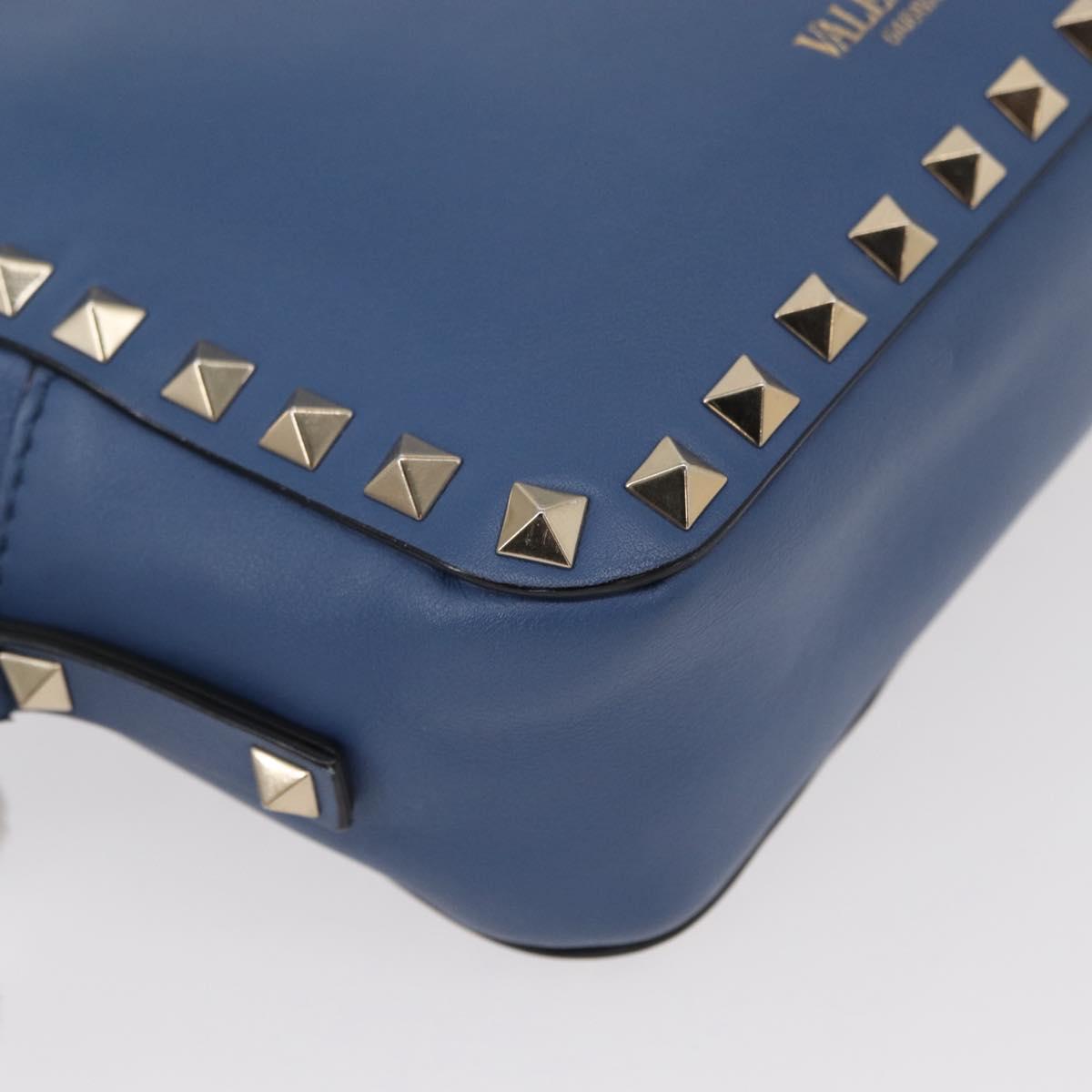 VALENTINO Studs Chain Shoulder Bag Leather Blue Gold Auth BA8011