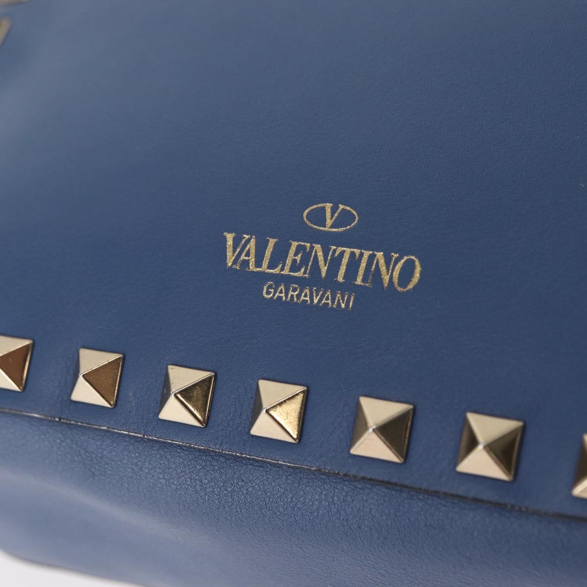 VALENTINO Studs Chain Shoulder Bag Leather Blue Gold Auth BA8011