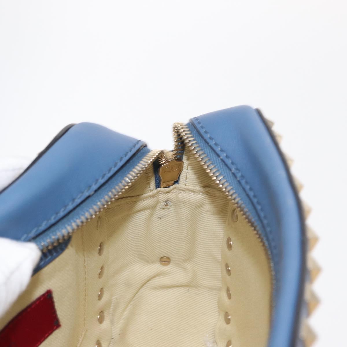 VALENTINO Studs Chain Shoulder Bag Leather Blue Gold Auth BA8011