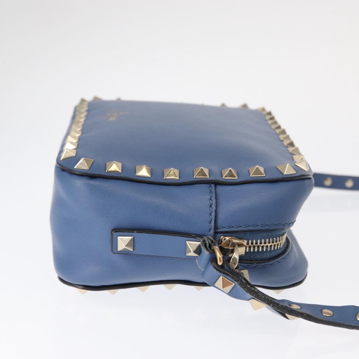 VALENTINO Studs Chain Shoulder Bag Leather Blue Gold Auth BA8011