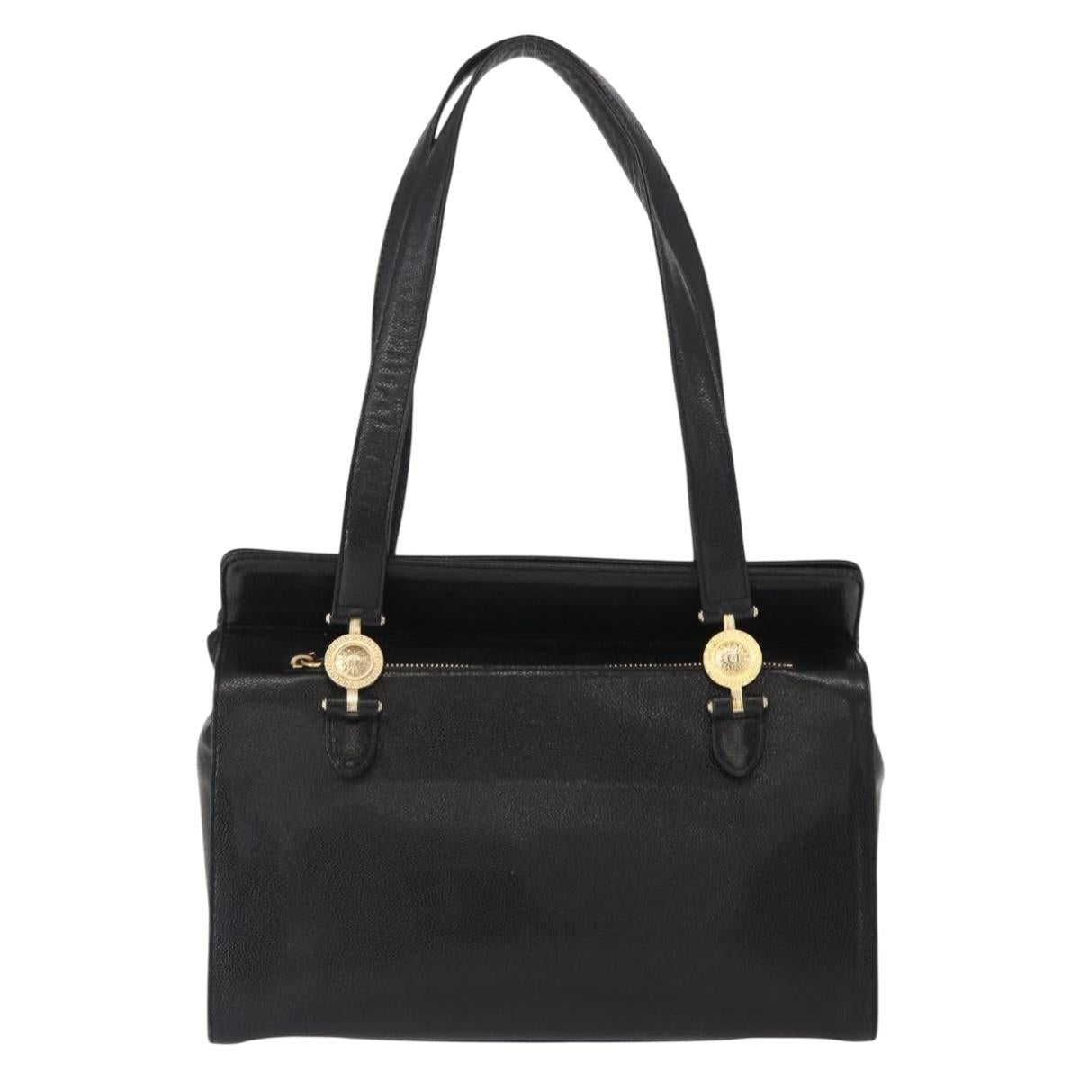 VERSACE Tote Bag Leather Black Gold Auth BA8013