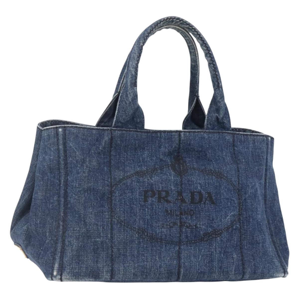 PRADA Canapa MM Hand Bag Denim Blue Gold Auth BA8018