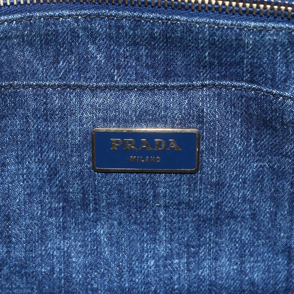 PRADA Canapa MM Hand Bag Denim Blue Gold Auth BA8018