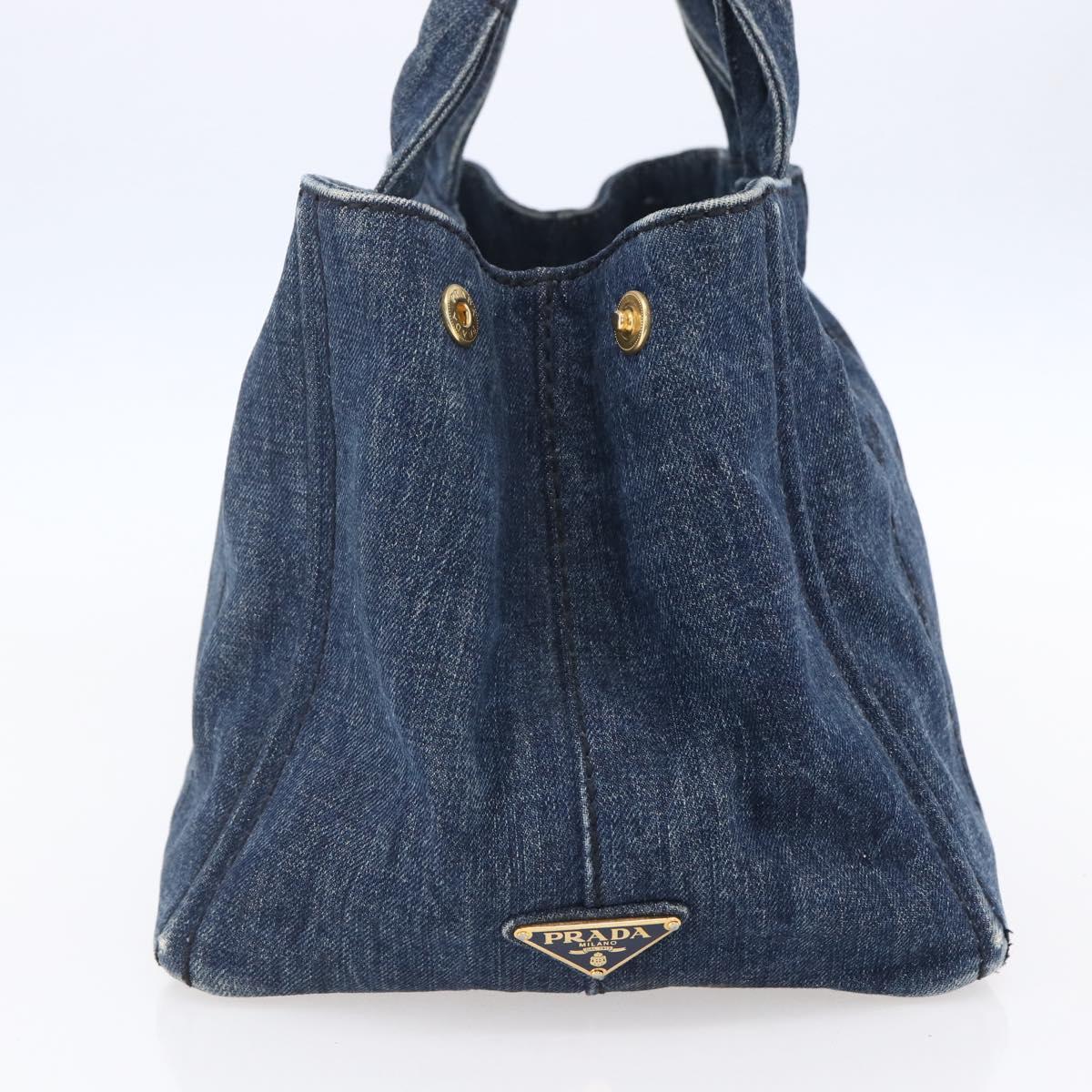 PRADA Canapa MM Hand Bag Denim Blue Gold Auth BA8018