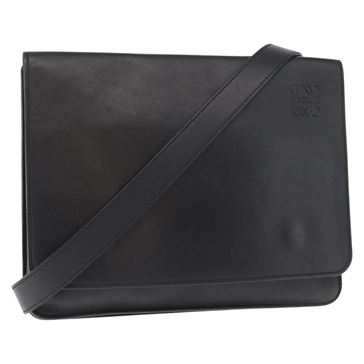 LOEWE Anagram Shoulder Bag Leather Black Silver Auth BA8031