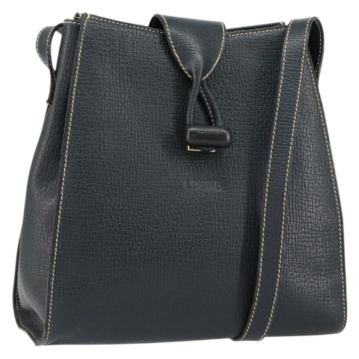 LOEWE Turn Lock Shoulder Bag Leather Navy Gold Auth BA8032